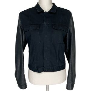 BALDWIN  / Midnight Blue Crop Jean Jacket Leather Sleeves / Large / Goth Hipster